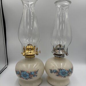 Vintage Lamplight Farms Ivory Glass Blue/Pink Victoria Rose Oil Lamp Lot/2- EUC